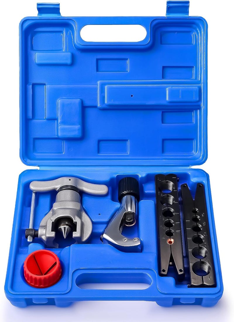TURBRO HVAC FlaringTool Kit for 1/4 to 3/4in Pipes, 45 Degree Eccentric Cone Type, 2 Flaring Splints, Single Flaring Tool with a Pipe Cutter and Deburring Reamer, for Copper and Aluminum Pipes - Image 1